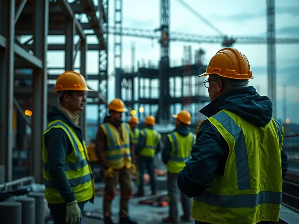 A construction site showcasing adherence to safety protocols with workers wearing appropriate safety gear and a supervisor overseeing the operations.