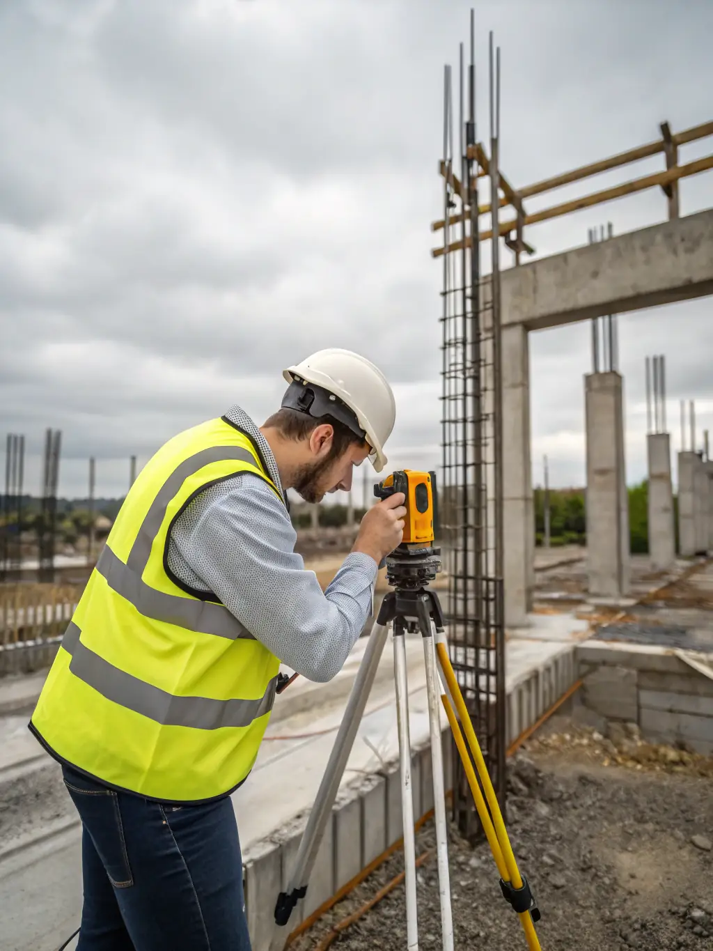 A construction worker using advanced surveying equipment on a new construction site, ensuring precise measurements and alignment.