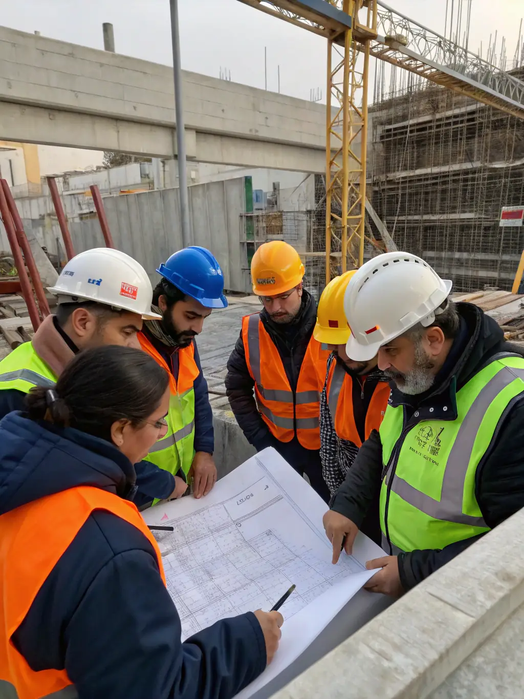 A diverse team of construction workers collaborating on a building project, emphasizing EuroBati.es' commitment to teamwork and quality.