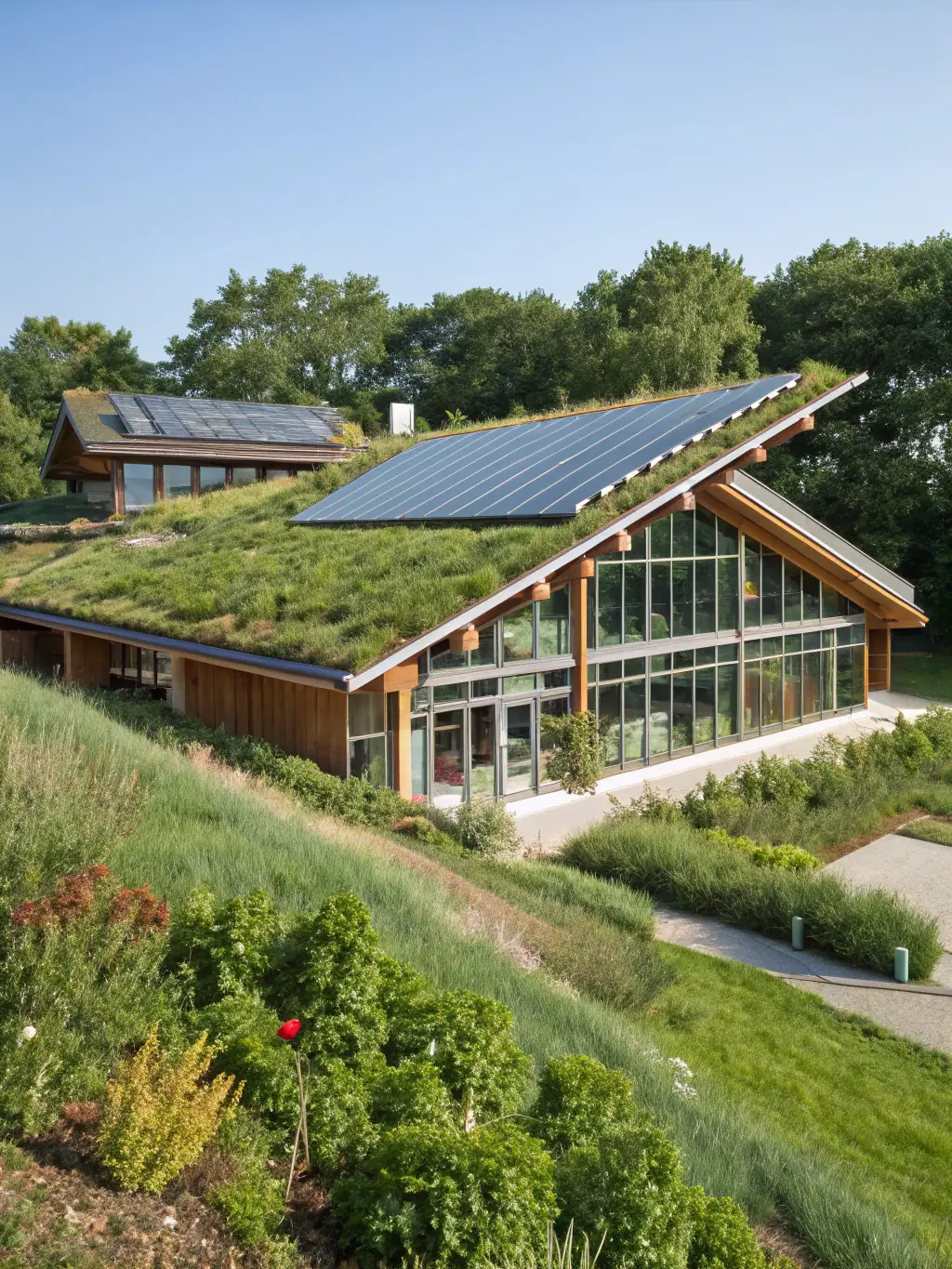 A completed sustainable building project by EuroBati.es, featuring solar panels, green roofing, and energy-efficient windows.
