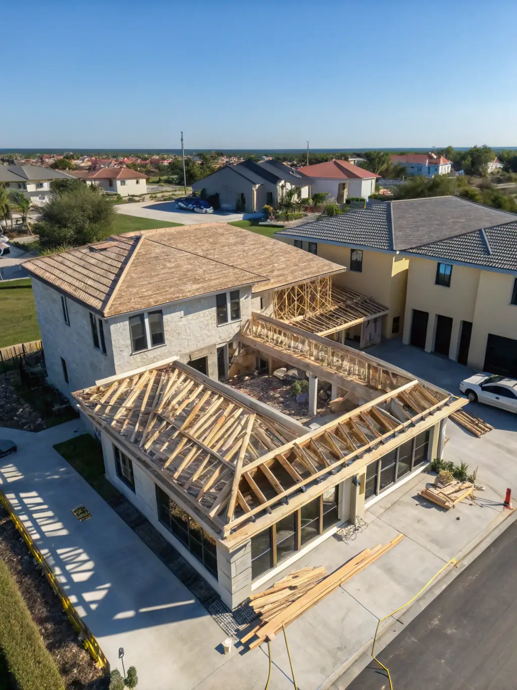 A high-angle shot of a modern house under construction, showcasing the foundation and framing, with workers in safety gear.