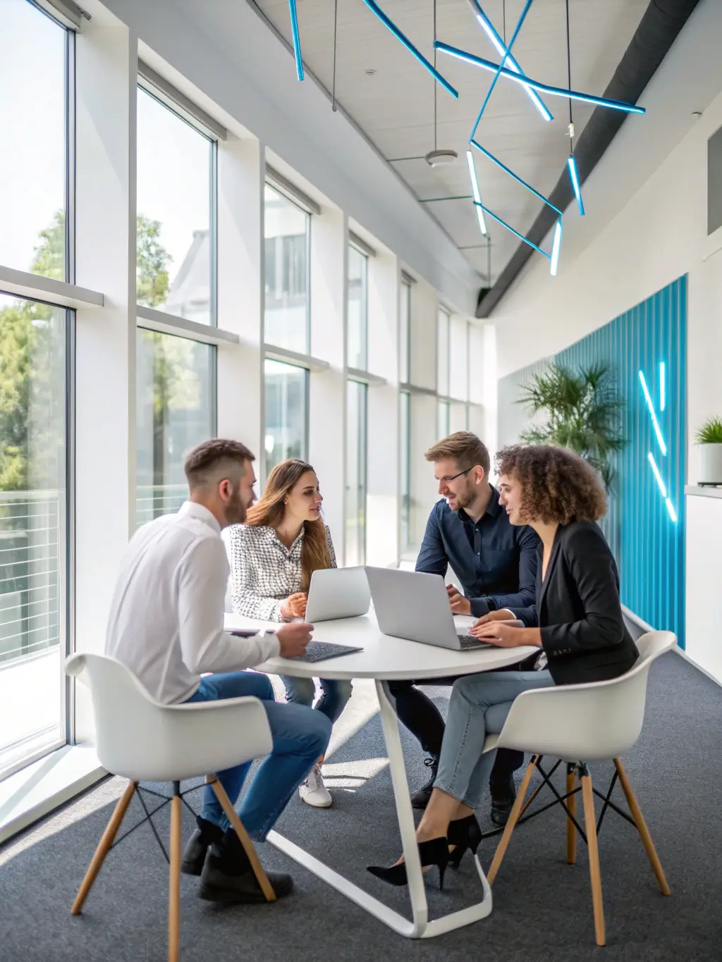 A team of EuroBati.es professionals collaborating on a renovation project, reviewing blueprints and discussing the integration of modern design elements.