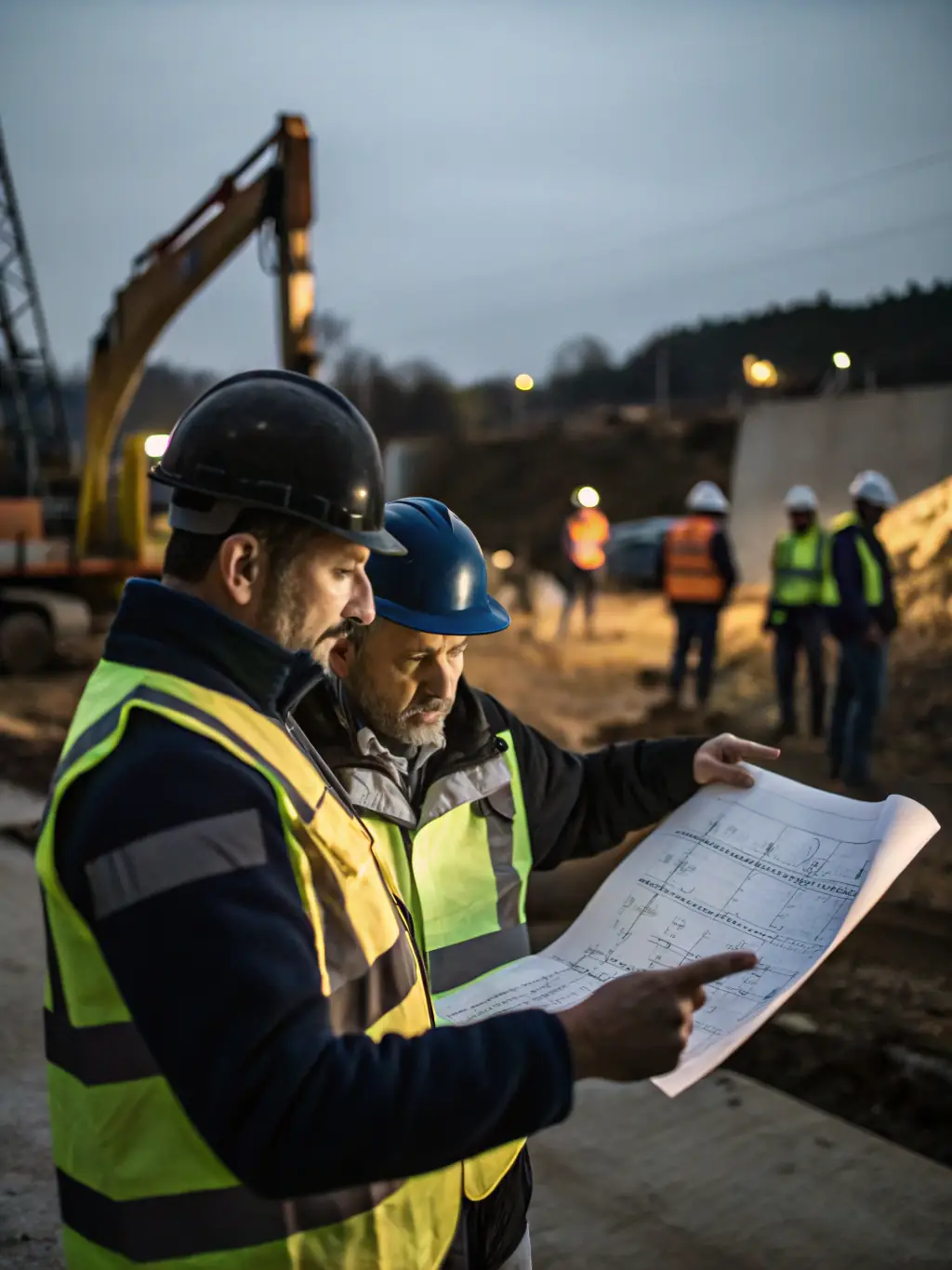 A construction site with a supervisor reviewing blueprints with workers, ensuring safety and adherence to project timelines.