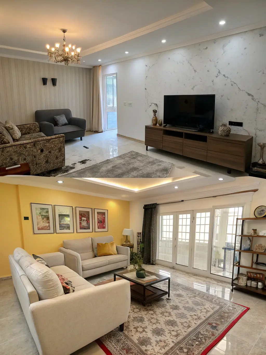 A before-and-after image of a renovated interior space highlighting modern finishes and structural improvements, showcasing EuroBati.es' renovation expertise.