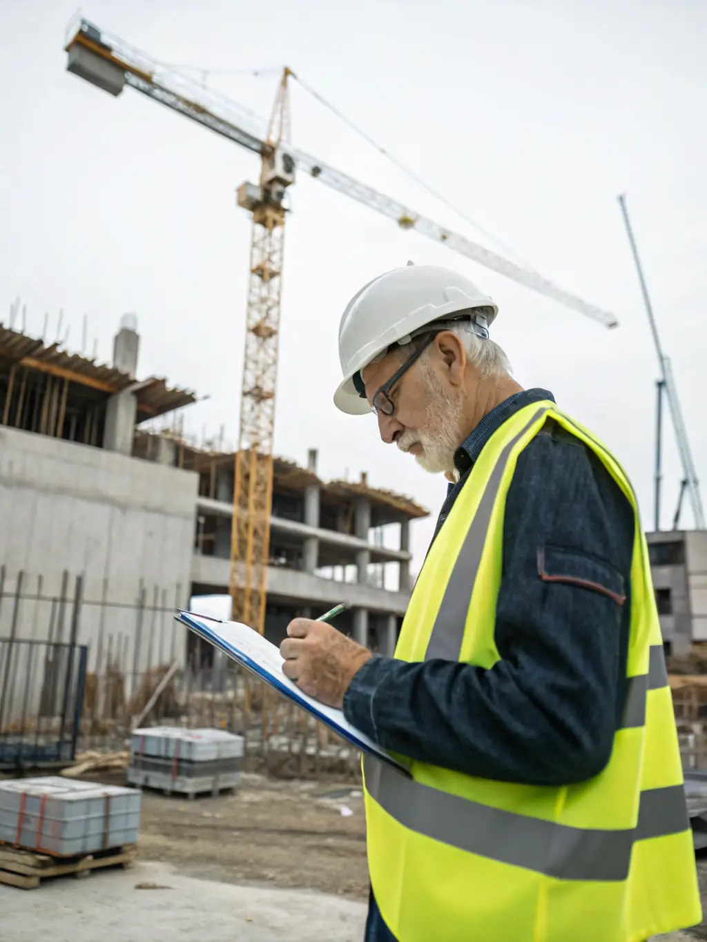 A construction supervisor inspecting a site with blueprints and safety gear, overseeing ongoing work, representing EuroBati.es' site supervision services.